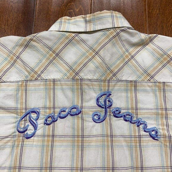 Paco Jeans Vintage Plaid Embroidered Button Down White Tan Blue Kids Size XL - Picture 8 of 11